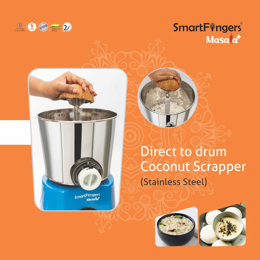 SmartFingers Comfort Plus Masala 2L Wet Grinder 110V with Batter Dispenser with Atta kneader & coconut scrapper [ Universal Adapter Included] - Image 8