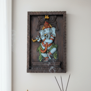 Hand-Carved Wooden Ganesha Wall Frame with flute (Multi-Color)