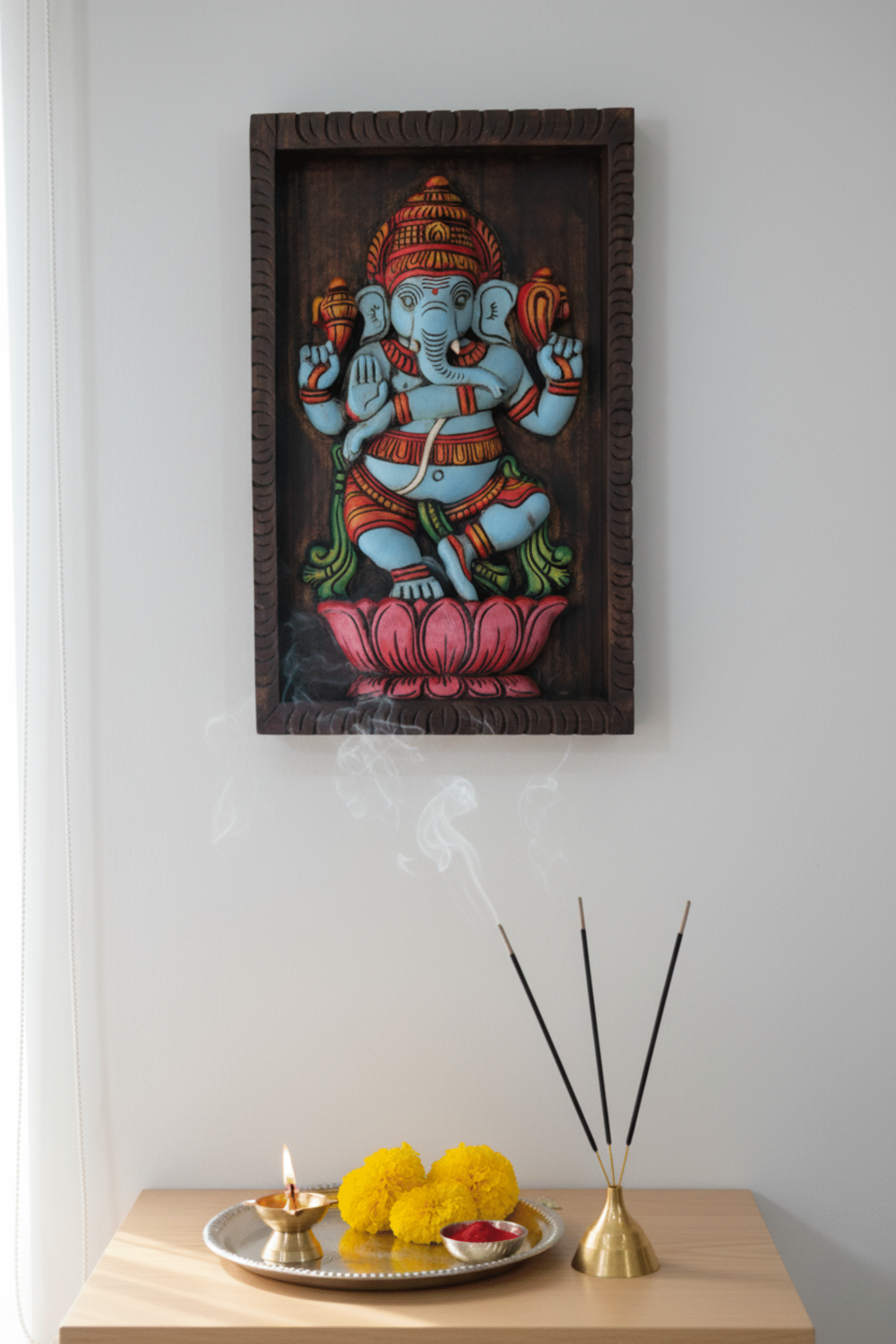 Hand-Carved Wooden Ganesha Wall Frame (Multi-Color)
