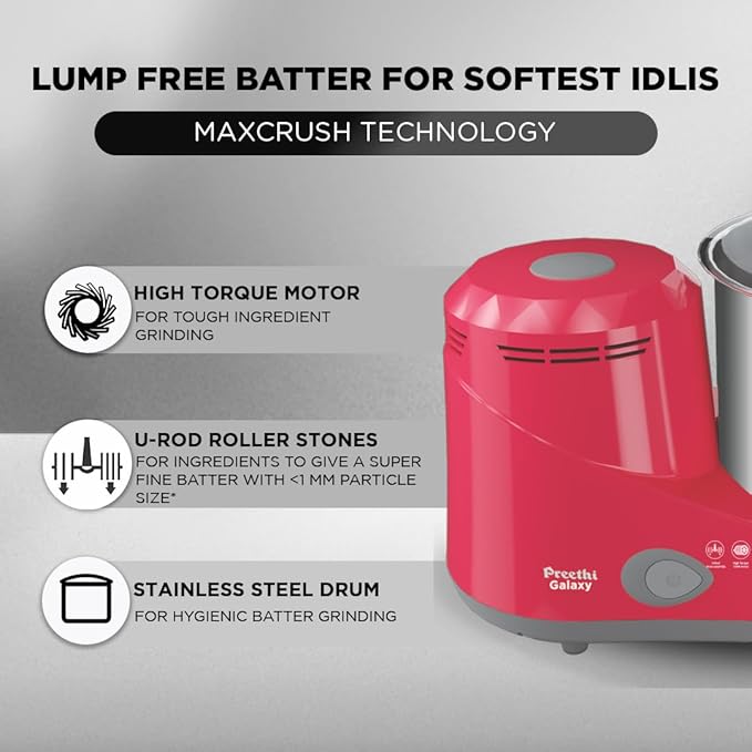 Preethi Galaxy Wet Grinder|150W 2L Stainless Steel Table Top Wet Grinder (Universal Adapter Included) - Image 6