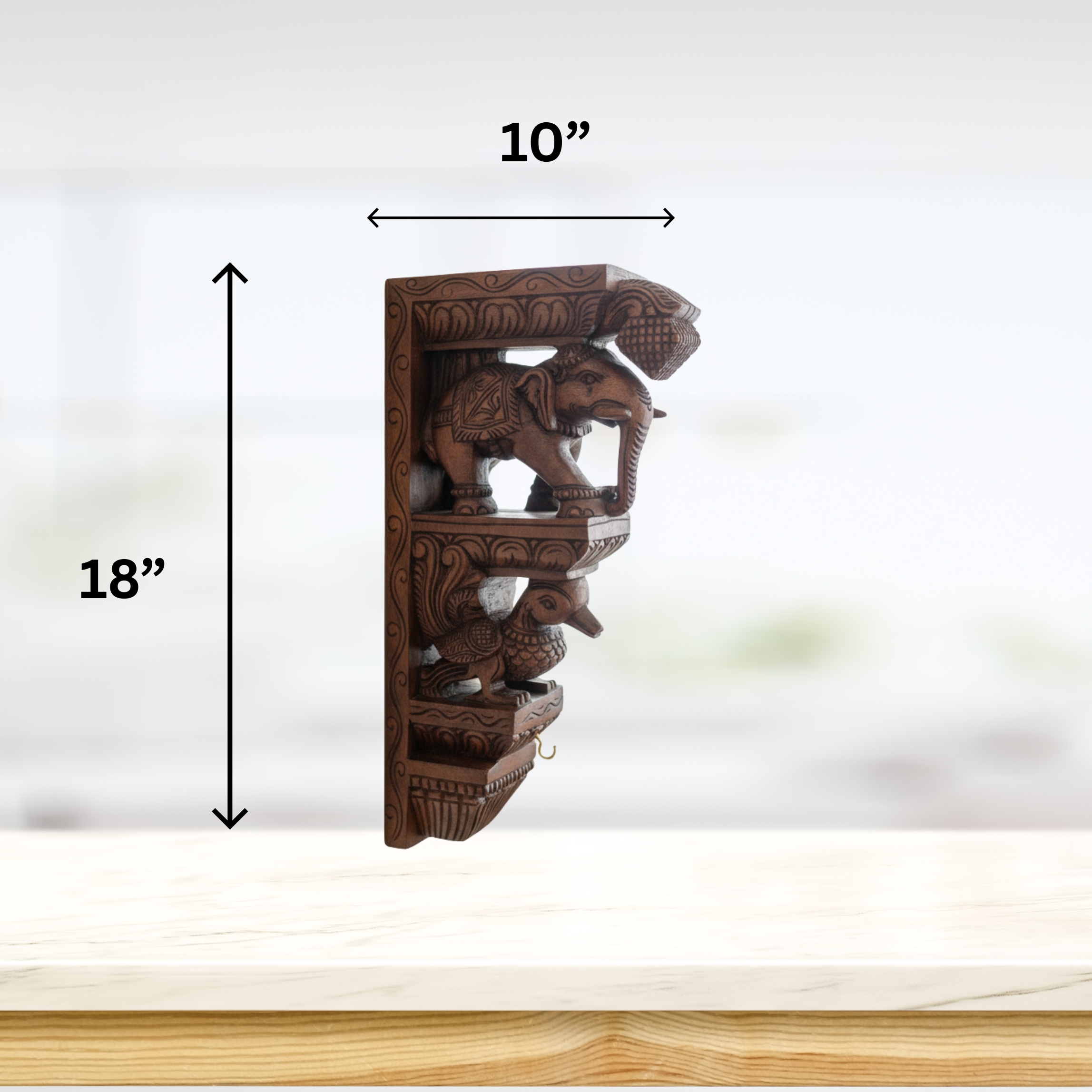 Hand-Carved Mahogany Elephant & Peacock Temple Bracket idol - Image 2