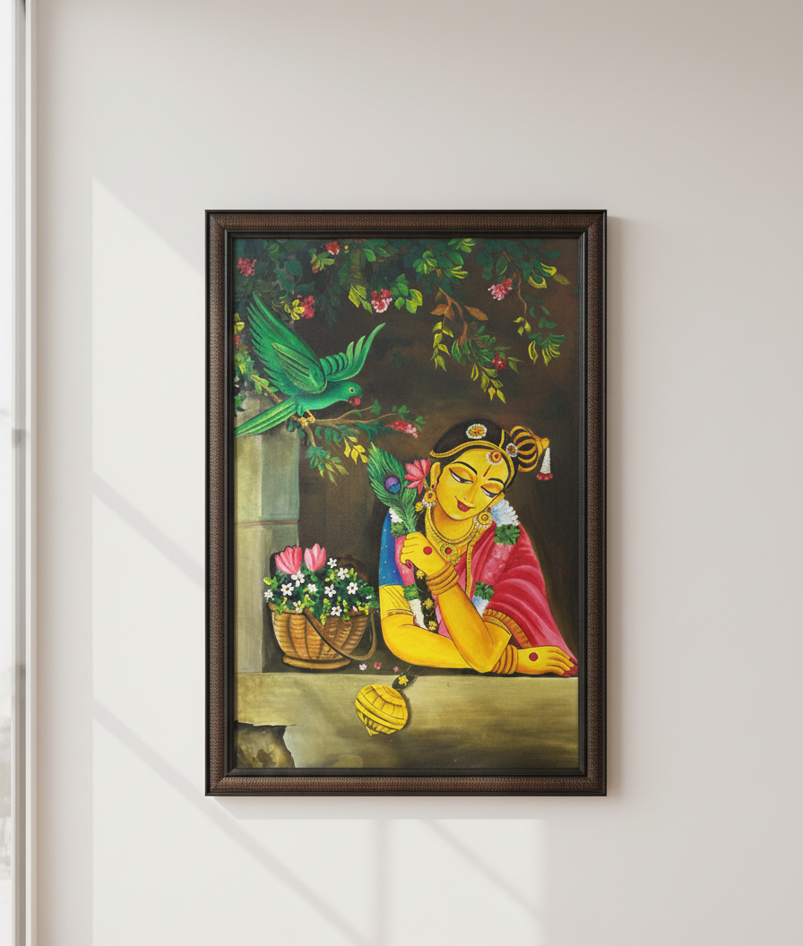 Hand-Painted Radha Awaiting Krishna Framed Canvas Painting