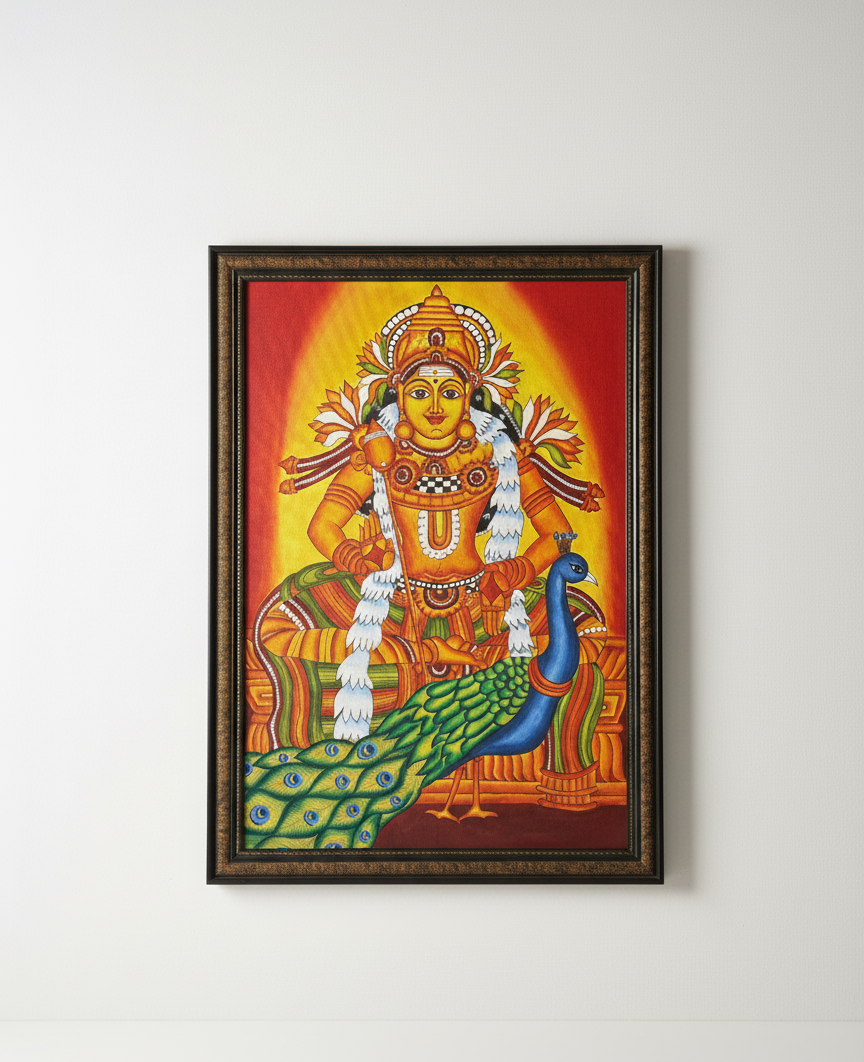 Hand-Painted Traditional Lord Murugan with Peacock Canvas Painting