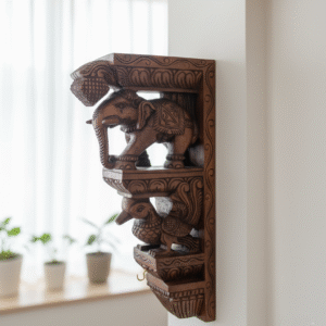 Hand-Carved Mahogany Elephant & Peacock Temple Bracket idol