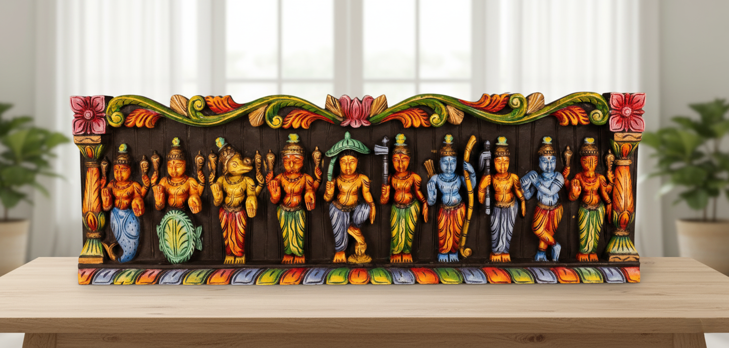 Hand-Carved Wooden Dashavatara Panel: Ten Avatars of Vishnu