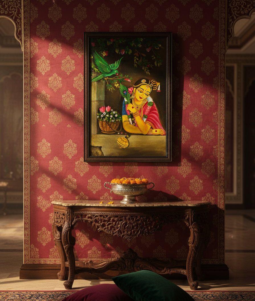 Hand-Painted Radha Awaiting Krishna Framed Canvas Painting - Image 2