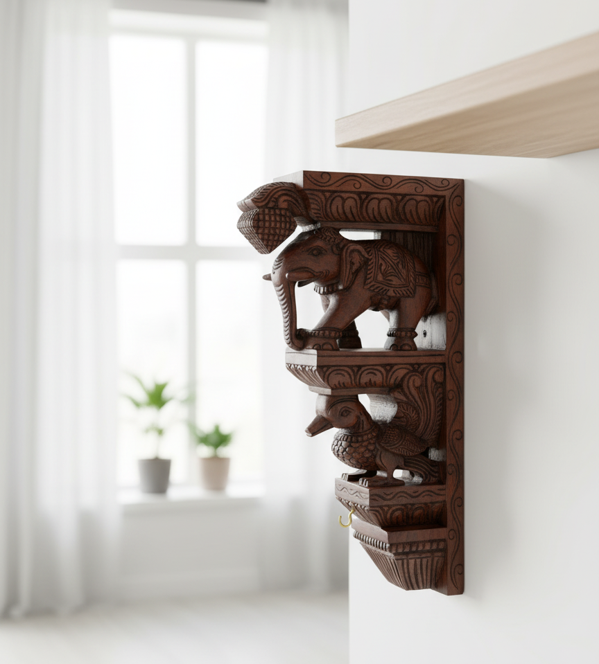 Hand-Carved Mahogany Elephant & Peacock Temple Bracket idol - Image 4