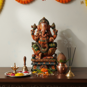 Hand-Made Vaagai Wood idol of Lord Ganesha in Padmasana (Lotus Posture)