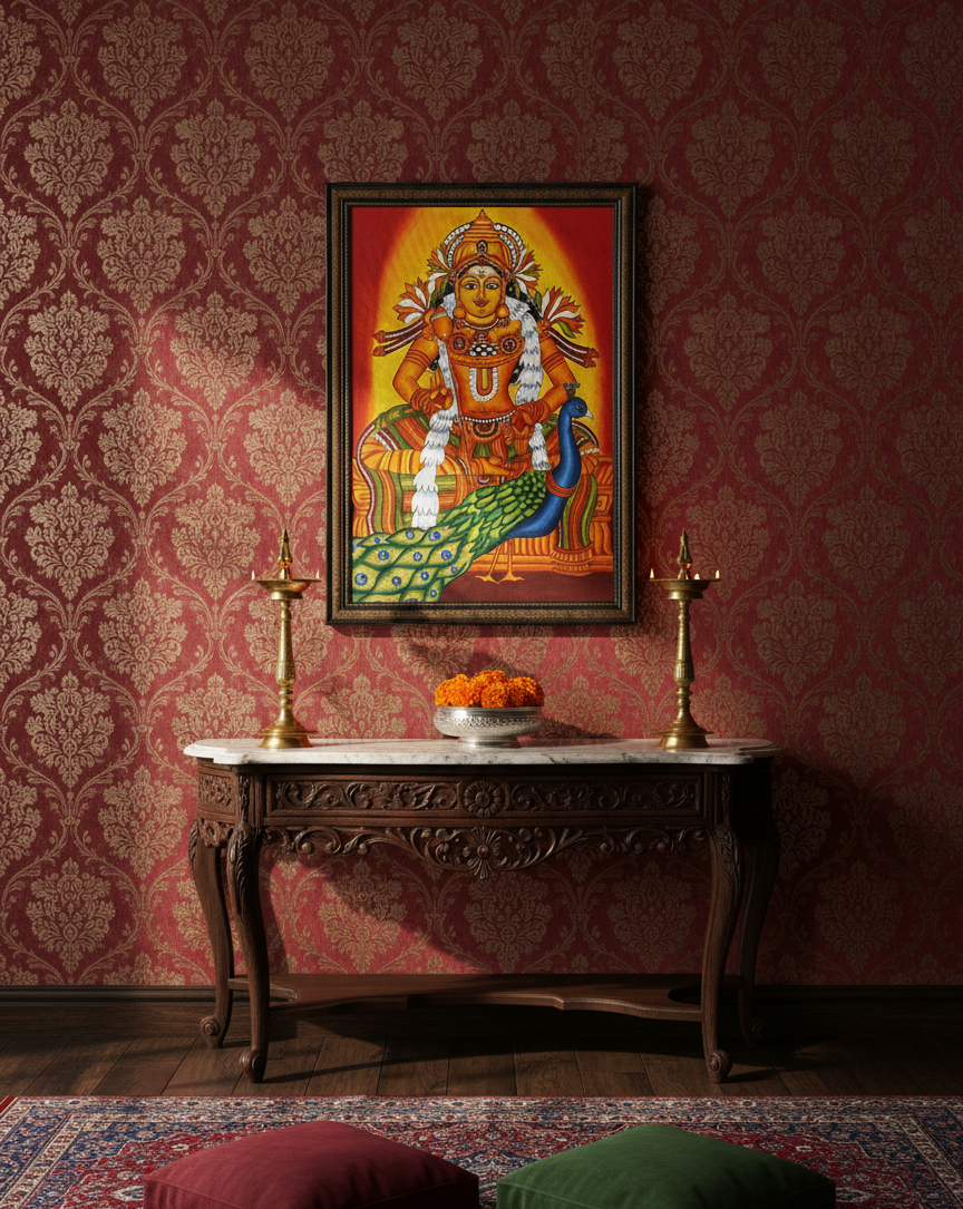 Hand-Painted Traditional Lord Murugan with Peacock Canvas Painting - Image 2