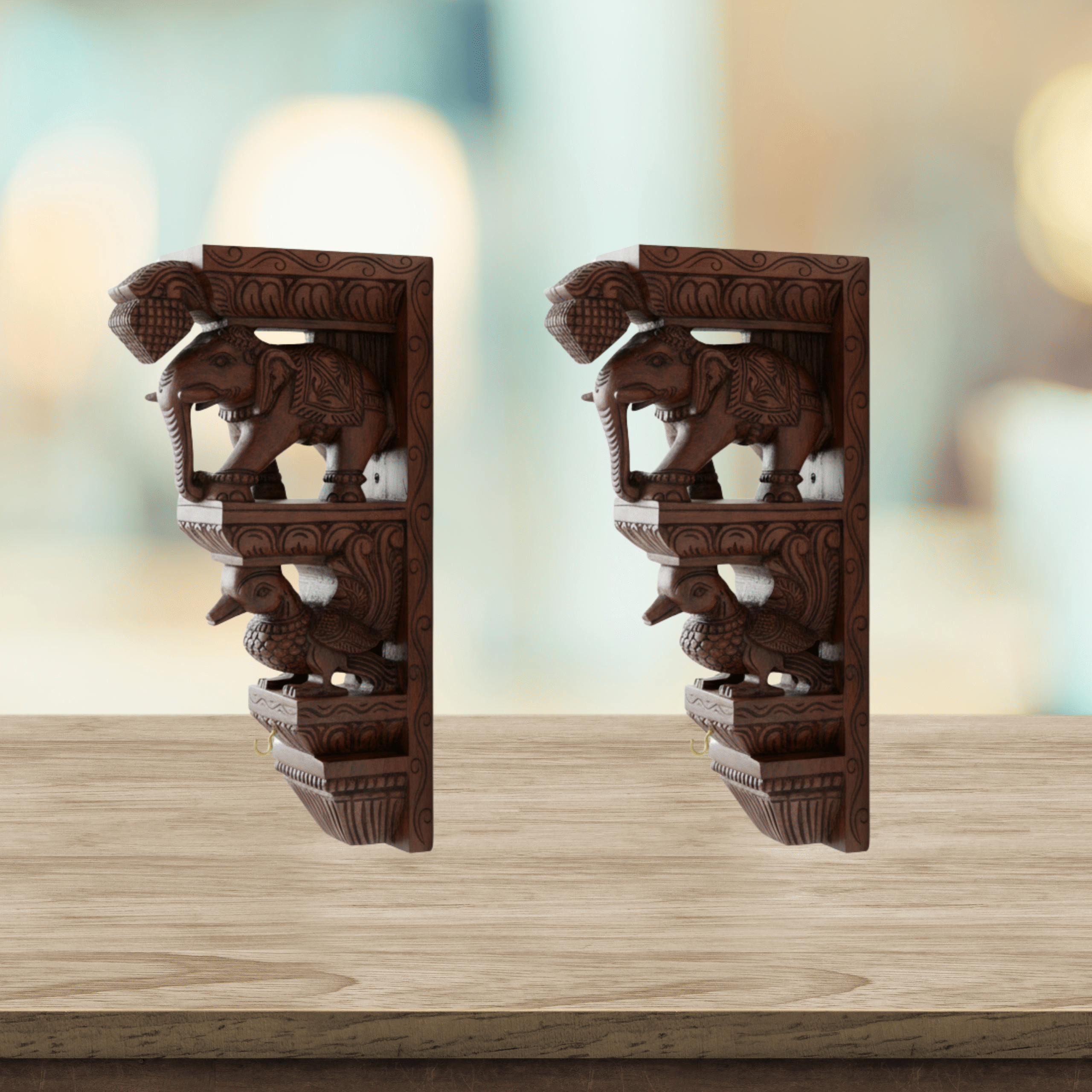 Hand-Carved Mahogany Elephant & Peacock Temple Bracket idol - Image 3