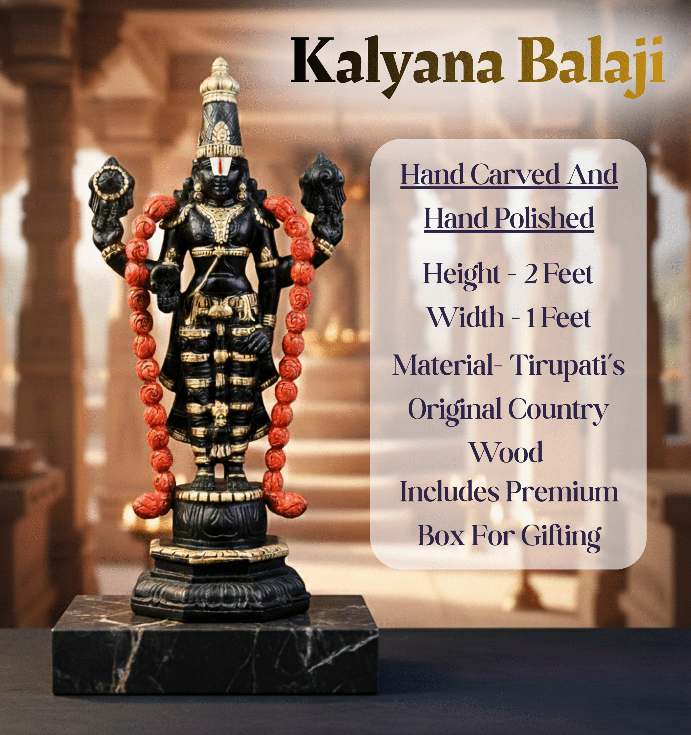 Balaji Black and Gold polished Srinivasa perumal Hand-Made Lord Venkateswara Wooden Standing idol - Image 4