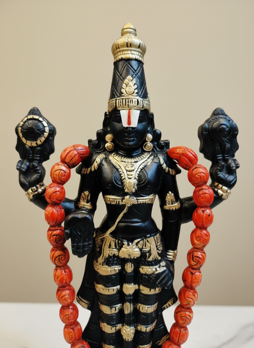 Balaji Black and Gold polished Srinivasa perumal Hand-Made Lord Venkateswara Wooden Standing idol - Image 2