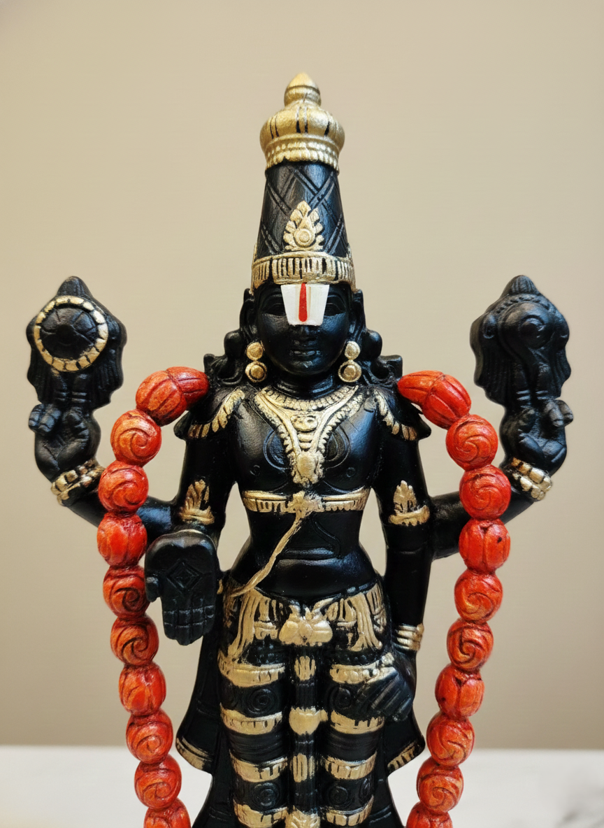Balaji Black and Gold polished Srinivasa perumal Hand-Made Lord Venkateswara Wooden Standing idol - Image 3