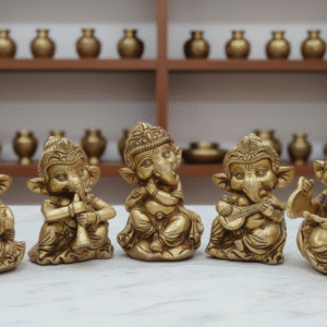 Brass Cute Lord Ganesha Idol Set: Musical & Auspicious Decor 5.5 inches Each