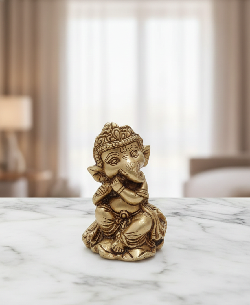 Brass Cute Lord Ganesha Idol Set: Musical & Auspicious Decor 5.5 inches Each - Image 3