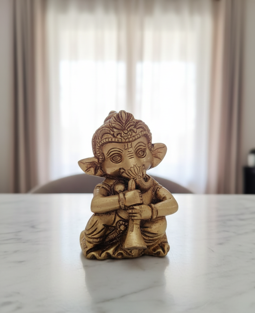 Brass Cute Lord Ganesha Idol Set: Musical & Auspicious Decor 5.5 inches Each - Image 4