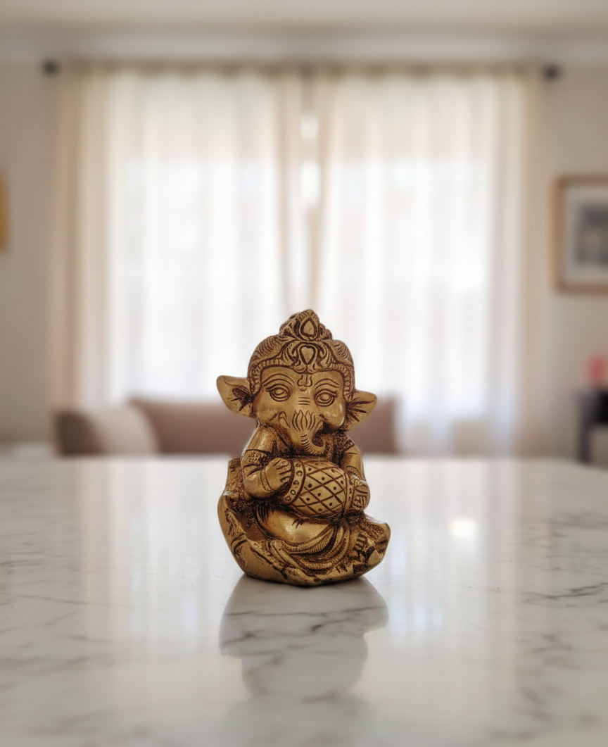 Brass Cute Lord Ganesha Idol Set: Musical & Auspicious Decor 5.5 inches Each - Image 5
