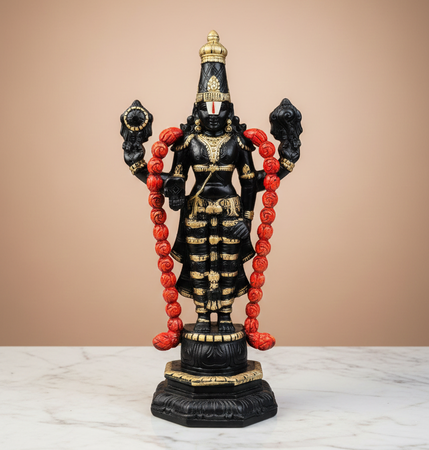 Balaji Black and Gold polished Srinivasa perumal Hand-Made Lord Venkateswara Wooden Standing idol