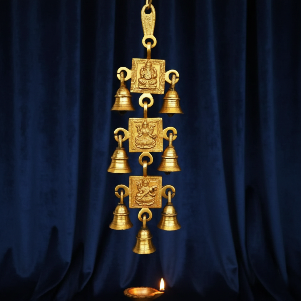 Brass Religious Wind Chime | Spiritual Wall Hanging | Brass Designer Wall Hanging Bell ( Yellow, 12.5 inch)