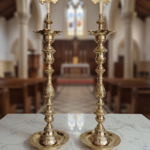 Grand Pure Brass 41-inch Christian Standing Oil Lamp (Deepam) with Cross - Church/Altar Decor [Pair]