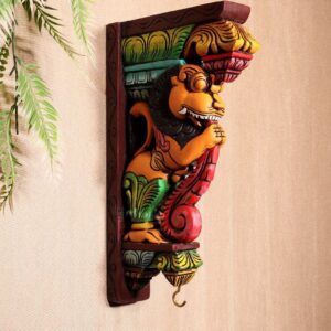 Hand-Carved Wooden Yali Wall chettinad Bracket idol with Key Hook