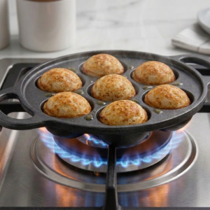 Cast Iron Kuzi Paniyaram Pan Flat Bottom Pre-Seasoned  With Hear Resistant Grip